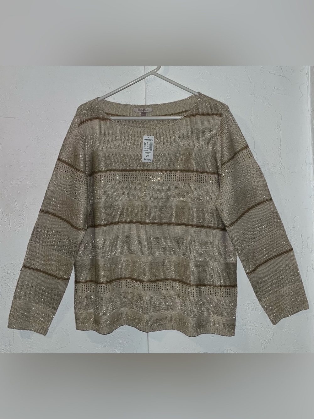 Roz & Ali Beige & Gold Striped Metallic Pullover Sweater NWT